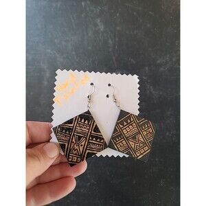 Handpainted Bohemian Wooden Square Shaped Dangling Earrings Vintage NOS